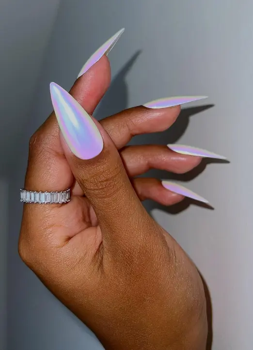 Lilac opal chrome long stiletto nails
