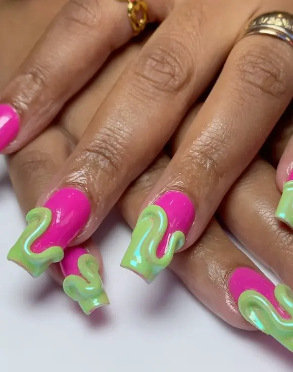 Hot pink nails with green chrome 3D details
