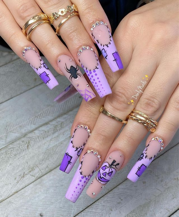 Beautiful Black and Purple Halloween Nails Design