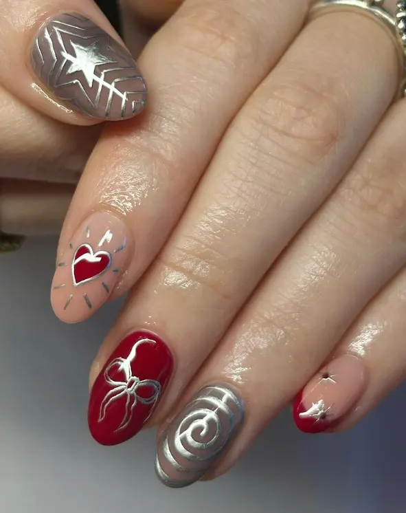 Red, beige, and silver chrome mismatched nails
