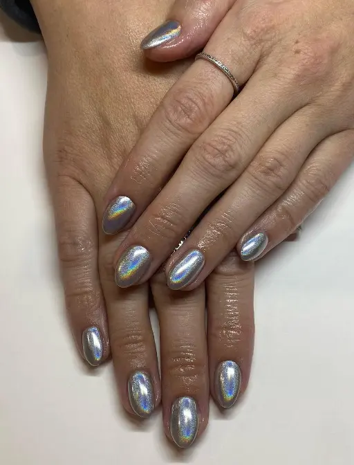 Silver rainbow disco chrome nails
