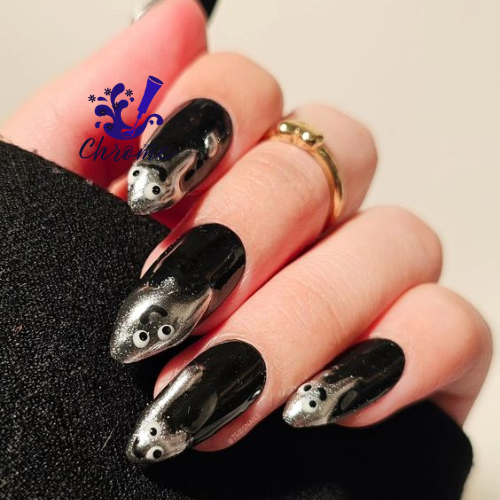 black and dark chrome nails