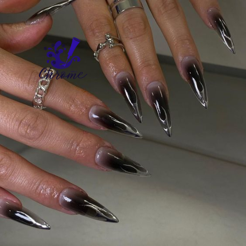 black and dark chrome nails