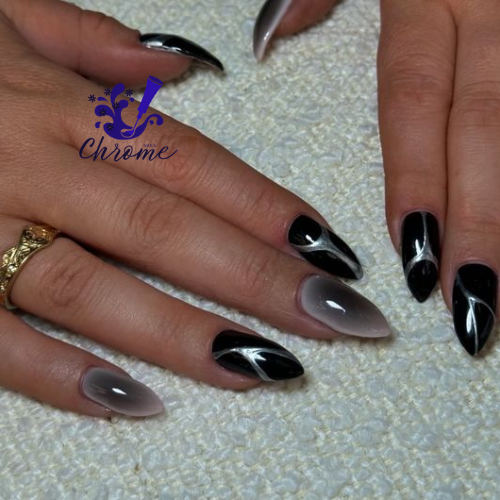 black and dark chrome nails