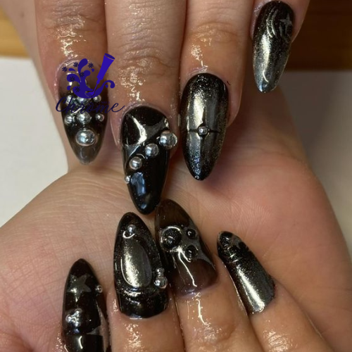 black and dark chrome nails