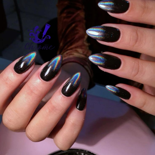 black and dark chrome nails