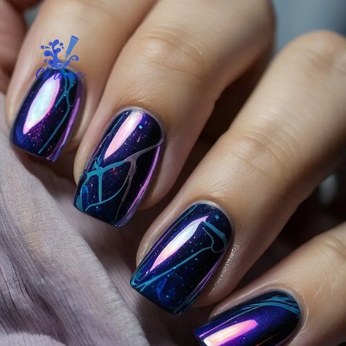 Cosmic Galaxy Nails, blue chrome nails