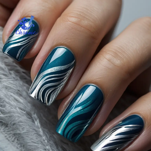 Teal Tempest Talons. blue chrome nails