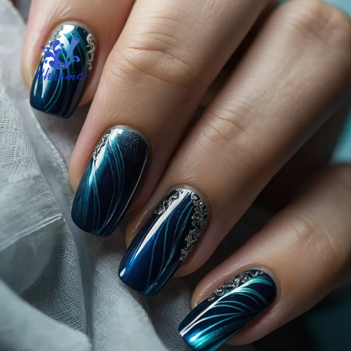 Midnight Ripple Mystique, blue chrome nails