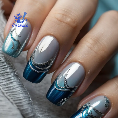 Moonlit Marble Manicure, blue chrome nails