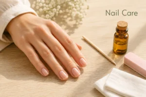 : Woman's hand showing a healthy nail care routine with natural nails and cuticle oil
