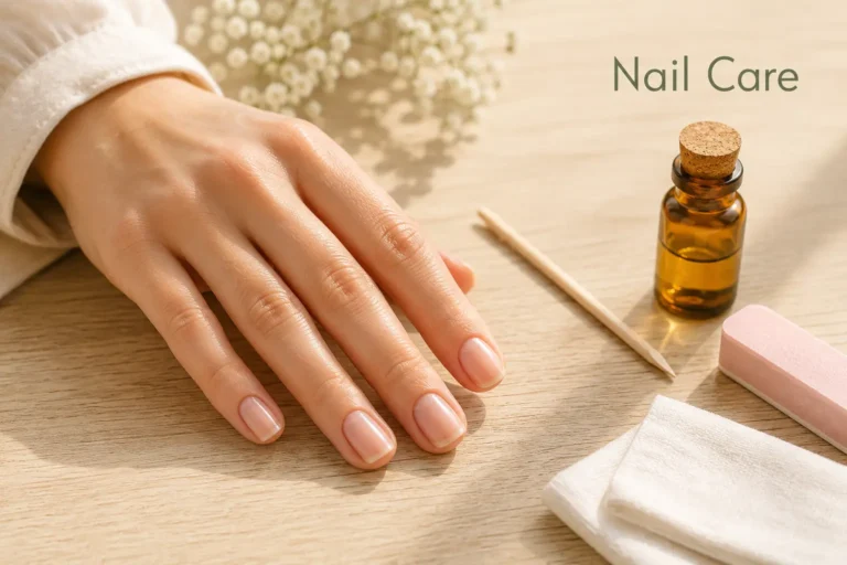: Woman's hand showing a healthy nail care routine with natural nails and cuticle oil